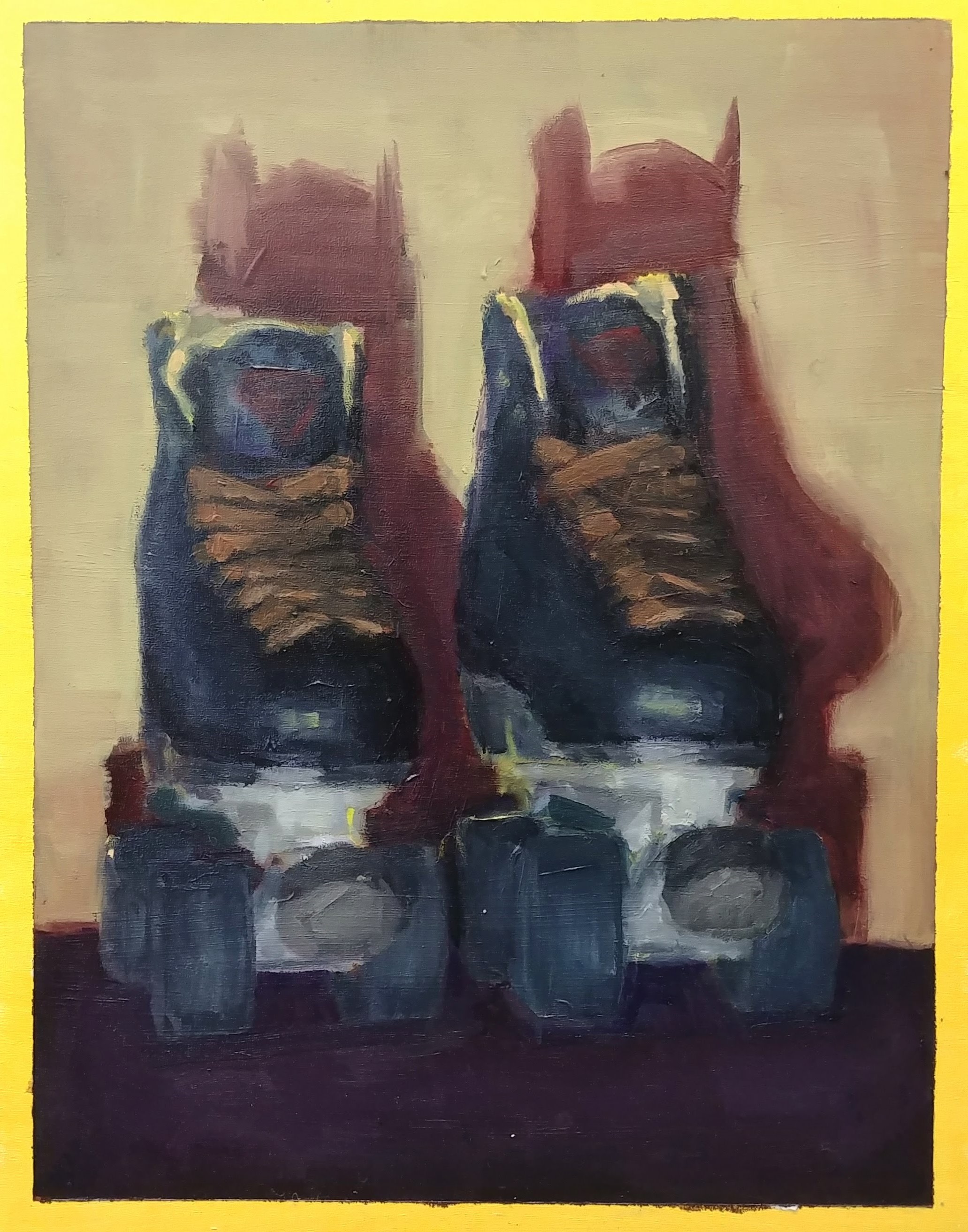 oil painting of black roller skates